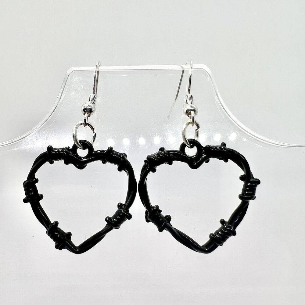 Barbed Heart Earrings - Barb Wire Accessories - Heart Accessory - Black Goth Gif